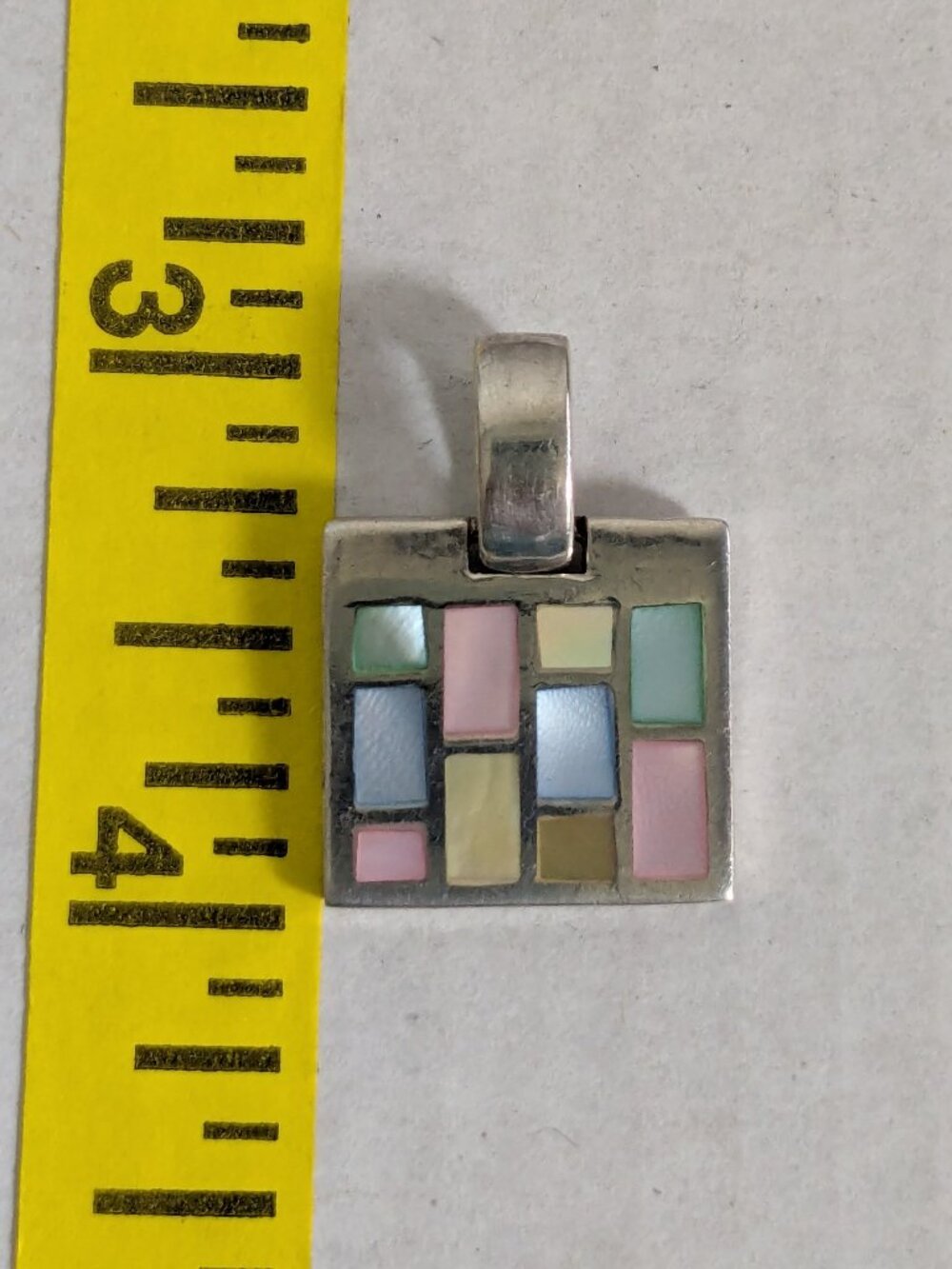 Vintage 925 Sterling Silver Mosaic MOP Inlay Rectangular Pendant